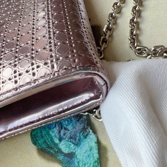 Dior Lady Dior Micro-Cannage Metallic Rose Gold Wallet On Chain New - Picture 5 of 7